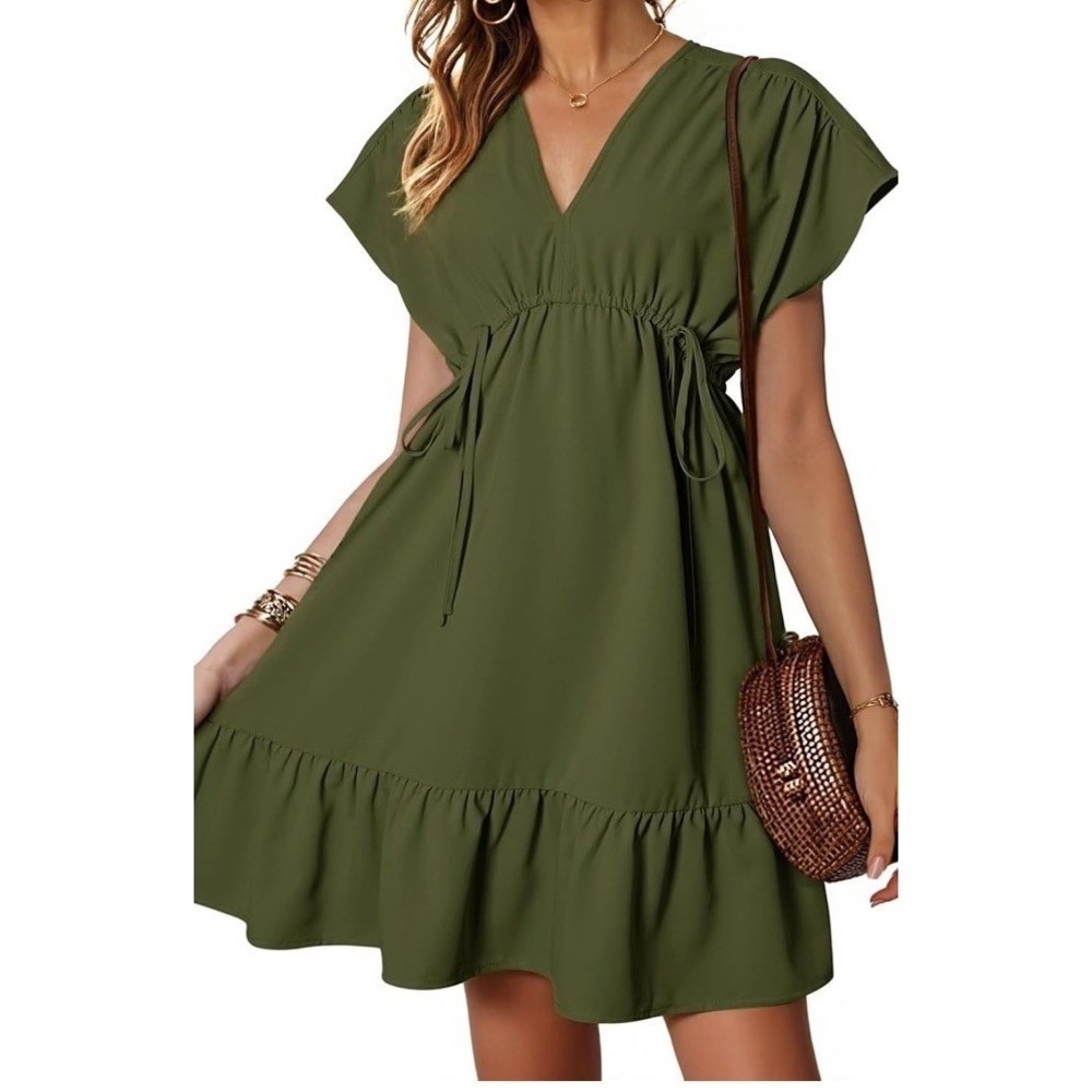 Dokotoo Empire Waist Dress Women Large Green NEW V-Neck Drawstring Mini C1155